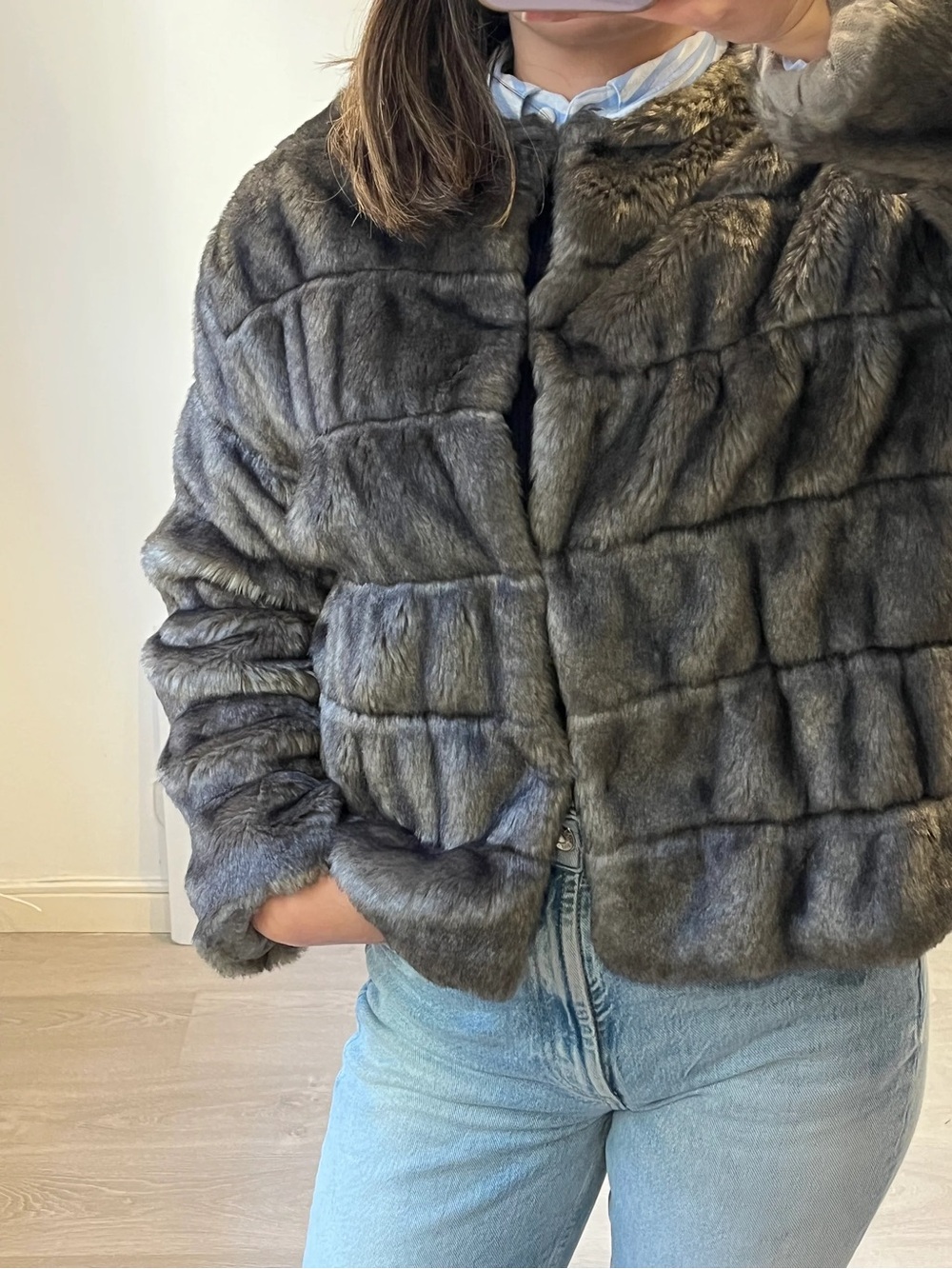 Zara Faux Fur Paneled Gray Cropped Jacket